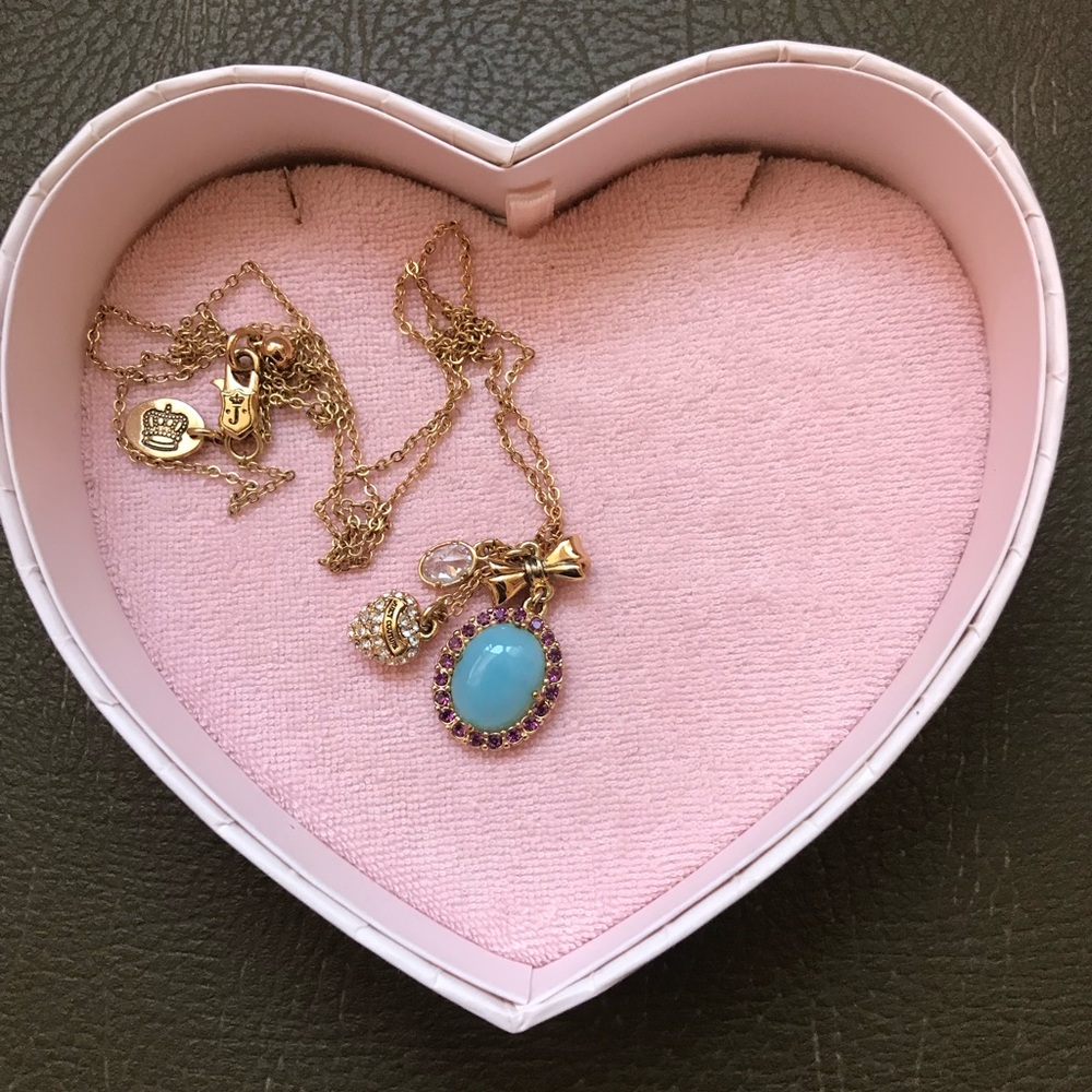 JUICY COUTURE Gold Tone NECKLACE with Blue stone w/Rhinestones, Heart & CZ Charm